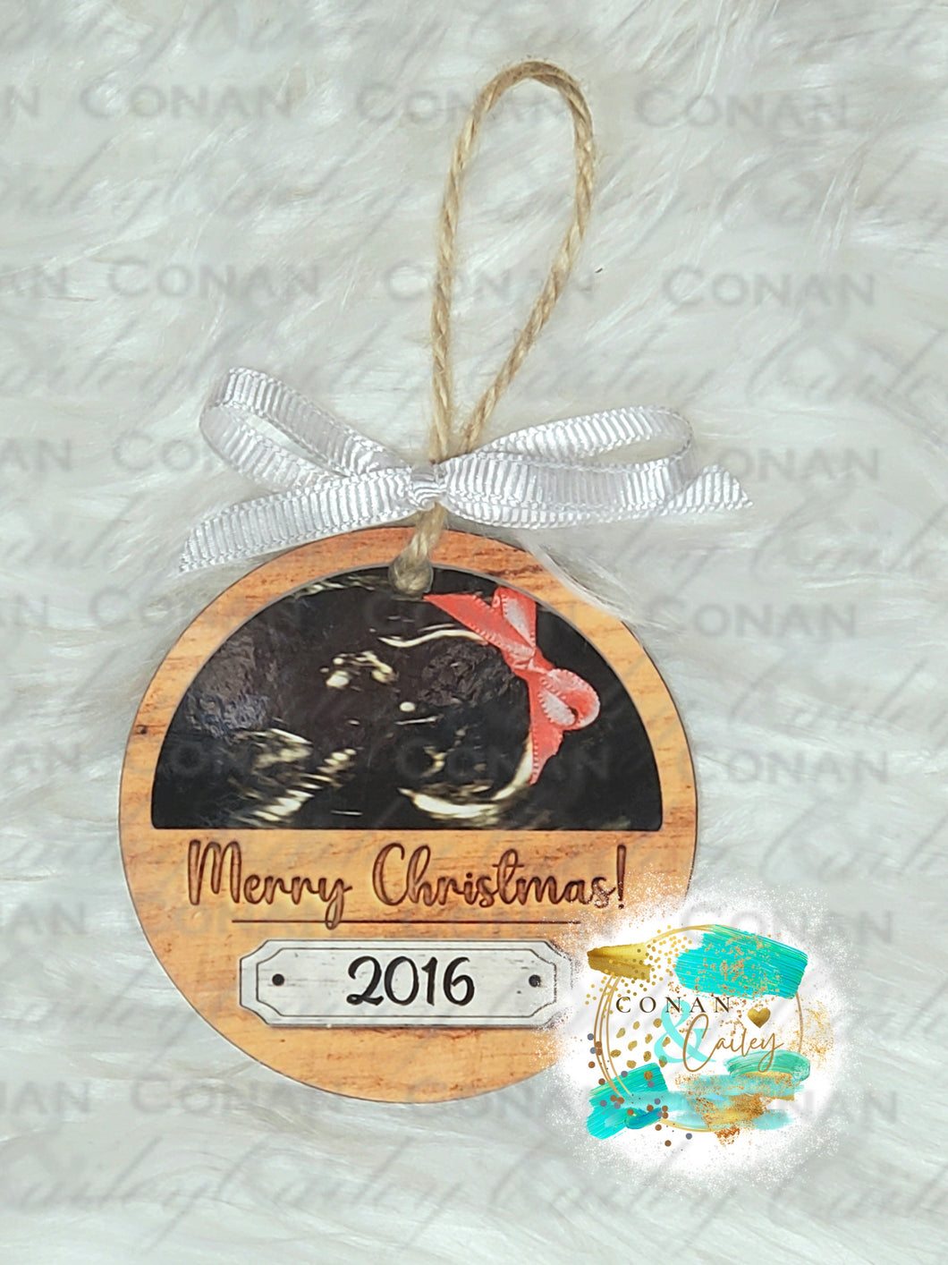 Picture Christmas Ornament Round Jute and Ribbon